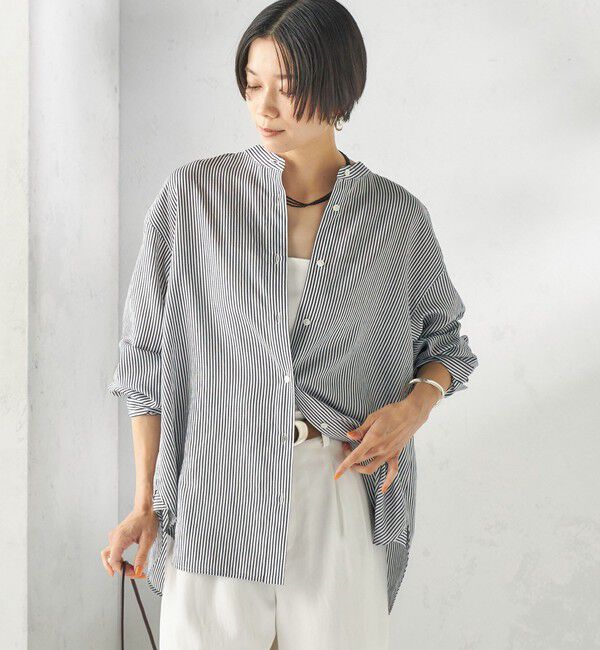 SHIPS for women「〈手洗い可能〉シアー ストライプ バンドカラー シャツ」|シャツ・ブラウス|