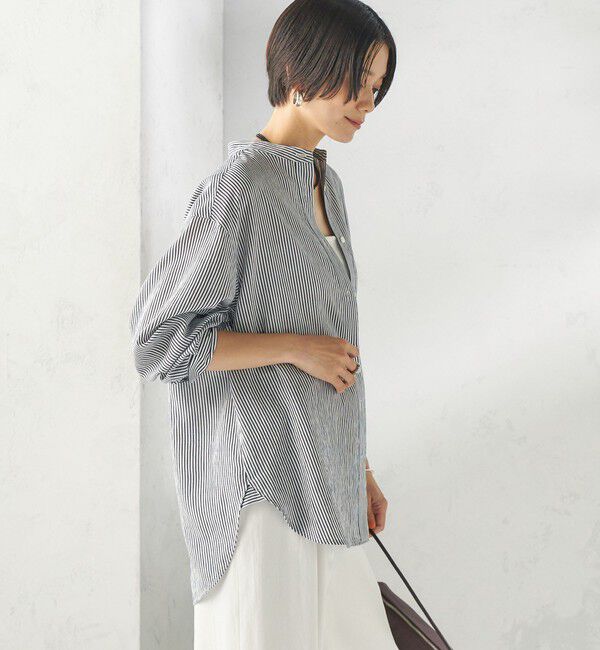 SHIPS for women「〈手洗い可能〉シアー ストライプ バンドカラー シャツ」|シャツ・ブラウス|