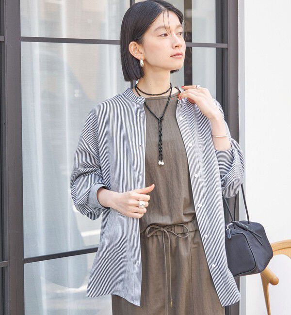 SHIPS for women「〈手洗い可能〉シアー ストライプ バンドカラー シャツ」|シャツ・ブラウス|