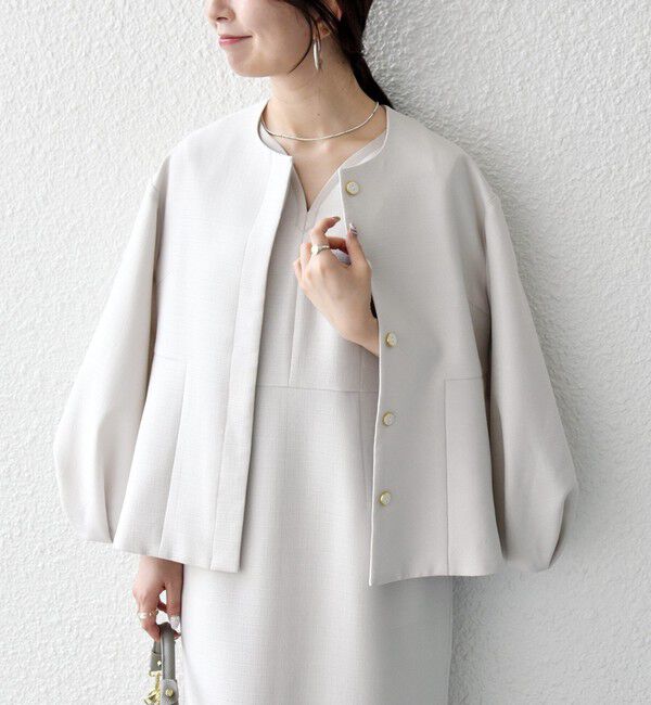 SHIPS any「《予約》SHIPS any:〈手洗い可能〉パフ スリーブ ノーカラー ジャケット［NAVY BLUE］」|ノーカラージャケット|