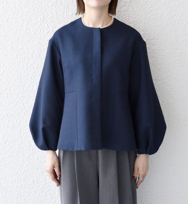 SHIPS any「《予約》SHIPS any:〈手洗い可能〉パフ スリーブ ノーカラー ジャケット［NAVY BLUE］」|ノーカラージャケット|