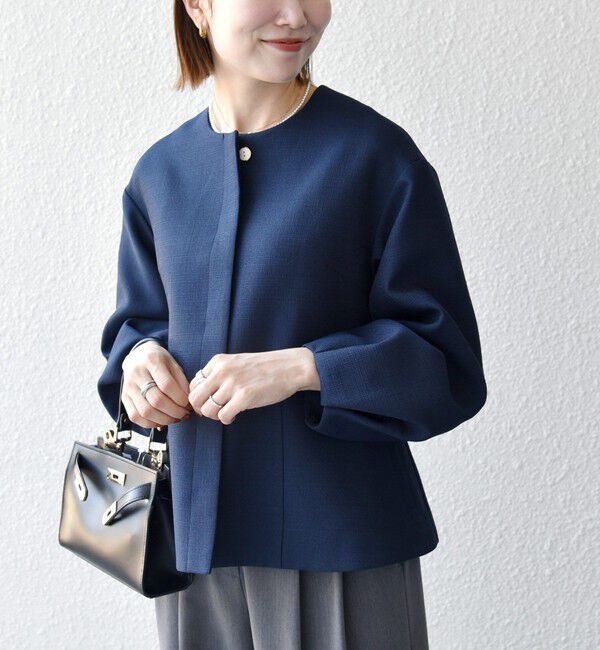 SHIPS any「《予約》SHIPS any:〈手洗い可能〉パフ スリーブ ノーカラー ジャケット［NAVY BLUE］」|ノーカラージャケット|