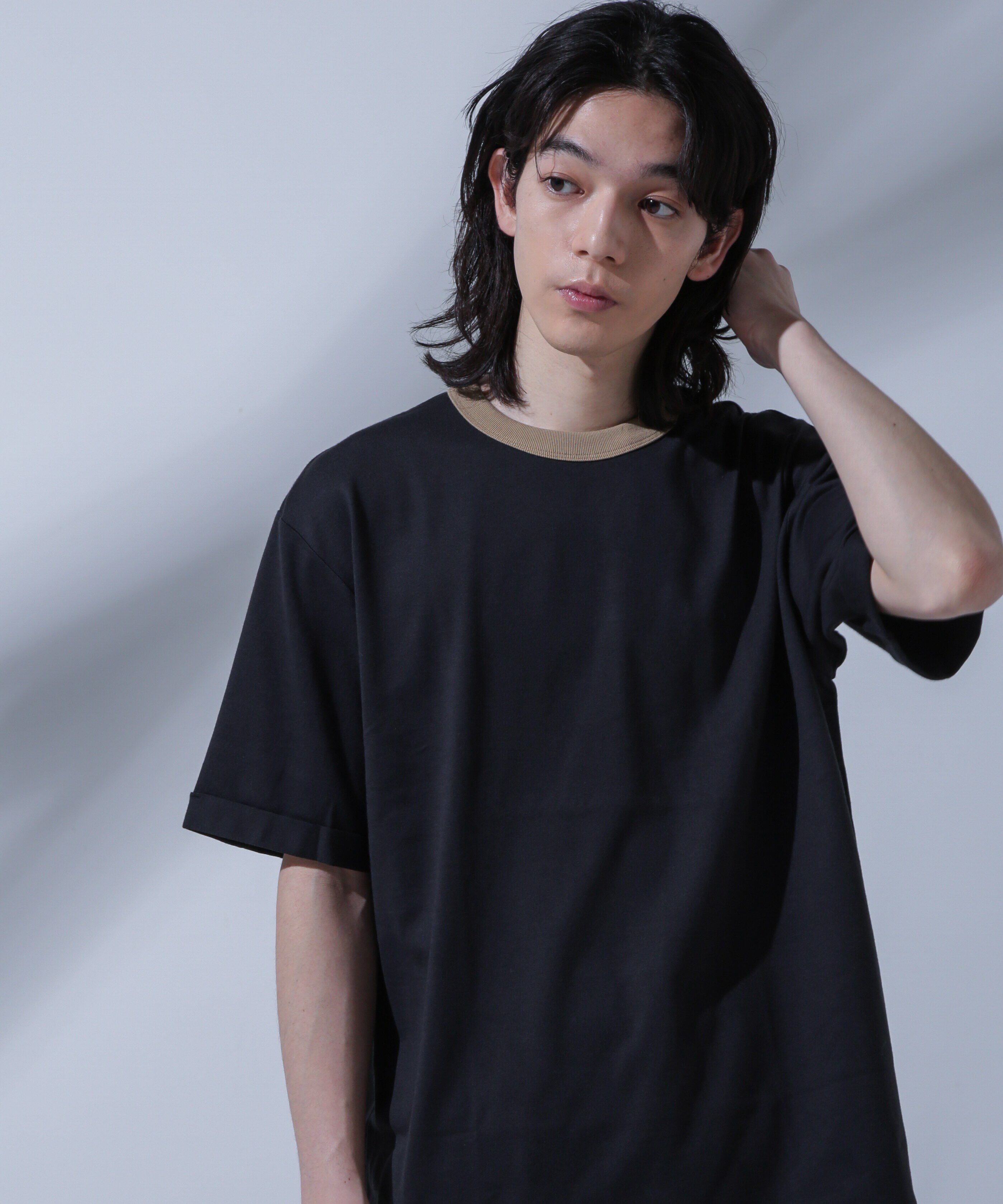 NANO universe「Anti Soaked 汗染み防止 リンガーネックTシャツ」|Tシャツ・カットソー|ブラック