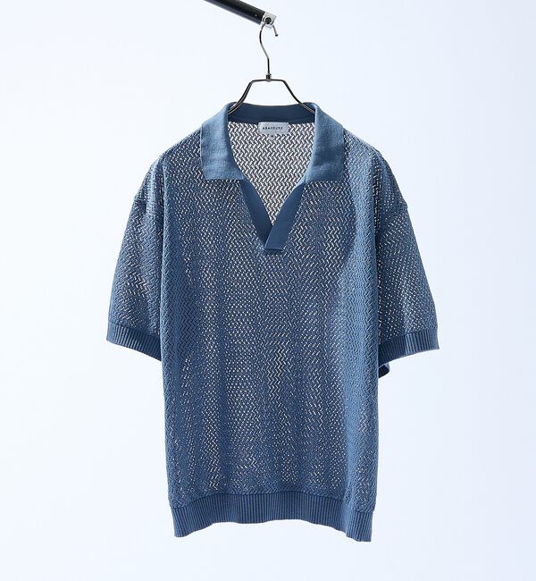 ABAHOUSE「シアーメッシュ スキッパー ニットポロ」|ポロシャツ|ブルーグレー