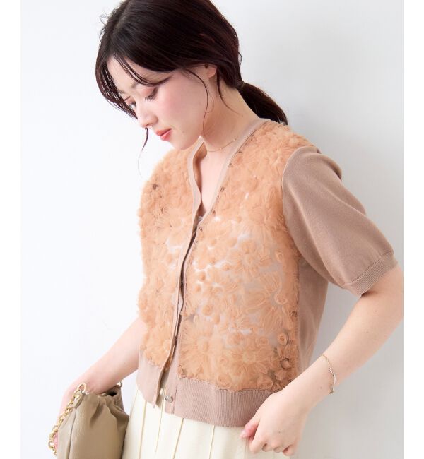  「チュール刺繍ハーフスリーブカーディガン」|カーディガン|