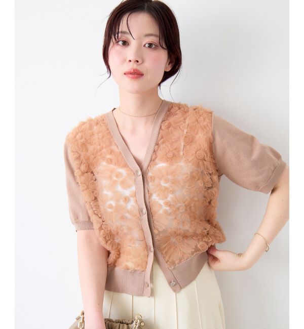  「チュール刺繍ハーフスリーブカーディガン」|カーディガン|
