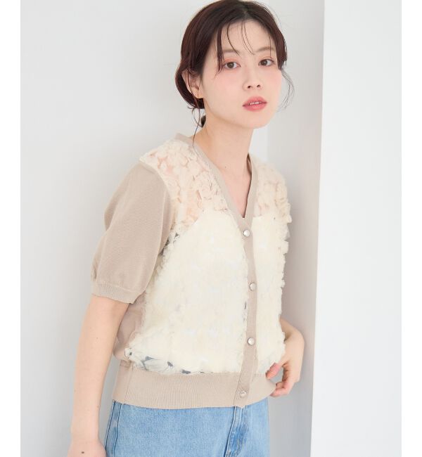  「チュール刺繍ハーフスリーブカーディガン」|カーディガン|