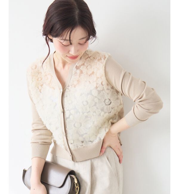  「【長袖】チュール刺繍Vネックカーディガン」|カーディガン|