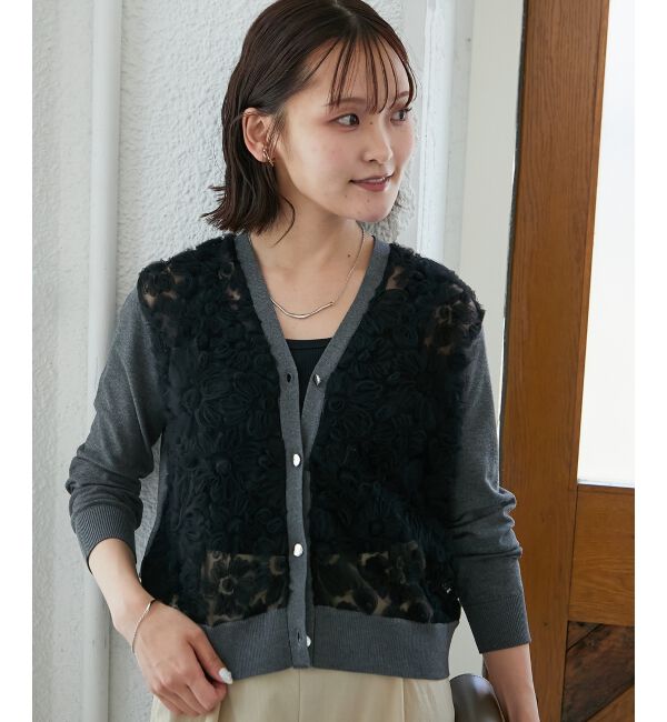  「【長袖】チュール刺繍Vネックカーディガン」|カーディガン|