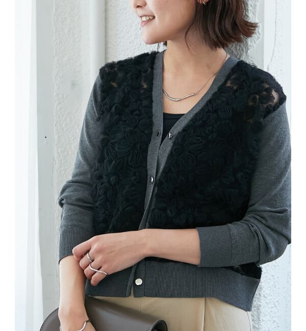  「【長袖】チュール刺繍Vネックカーディガン」|カーディガン|