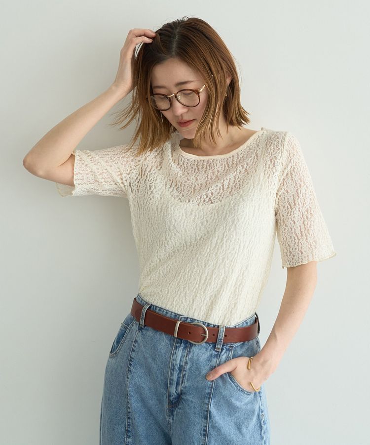 YECCA VECCA「5分袖レースシアートップス」|Tシャツ・カットソー|Ivory