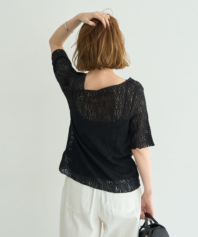 YECCA VECCA「5分袖レースシアートップス」|Tシャツ・カットソー|