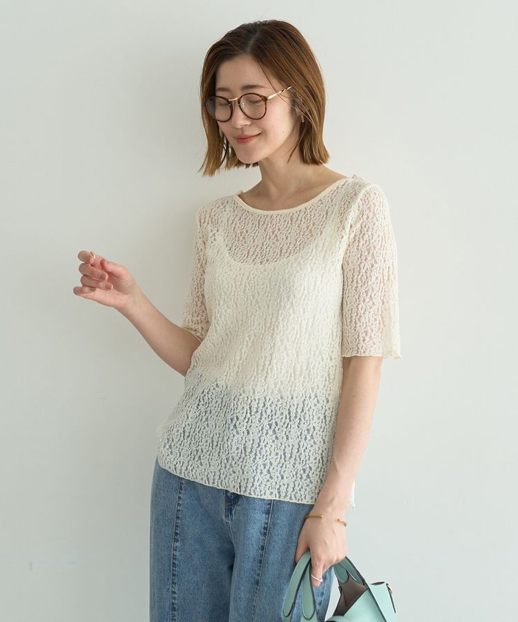 YECCA VECCA「5分袖レースシアートップス」|Tシャツ・カットソー|