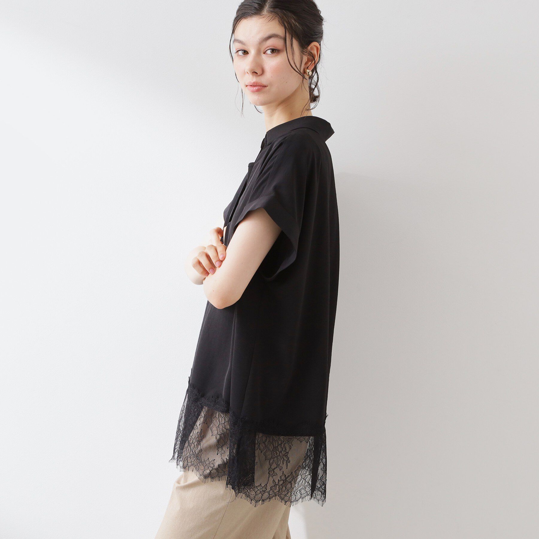 THE SHOP TK「【ひんやり/体型カバー】裾レース切り替え スキッパーシャツ」|シャツ・ブラウス|