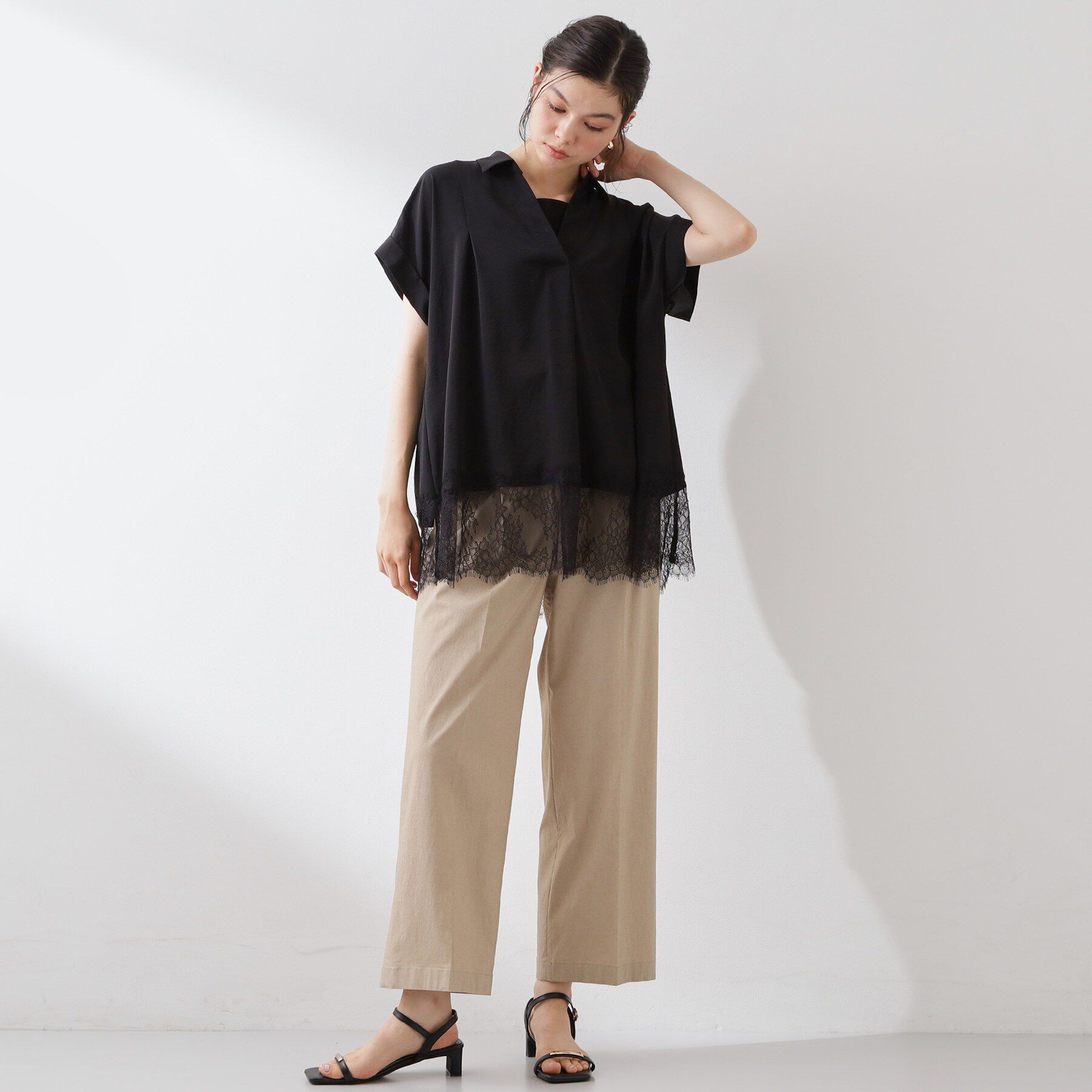 THE SHOP TK「【ひんやり/体型カバー】裾レース切り替え スキッパーシャツ」|シャツ・ブラウス|
