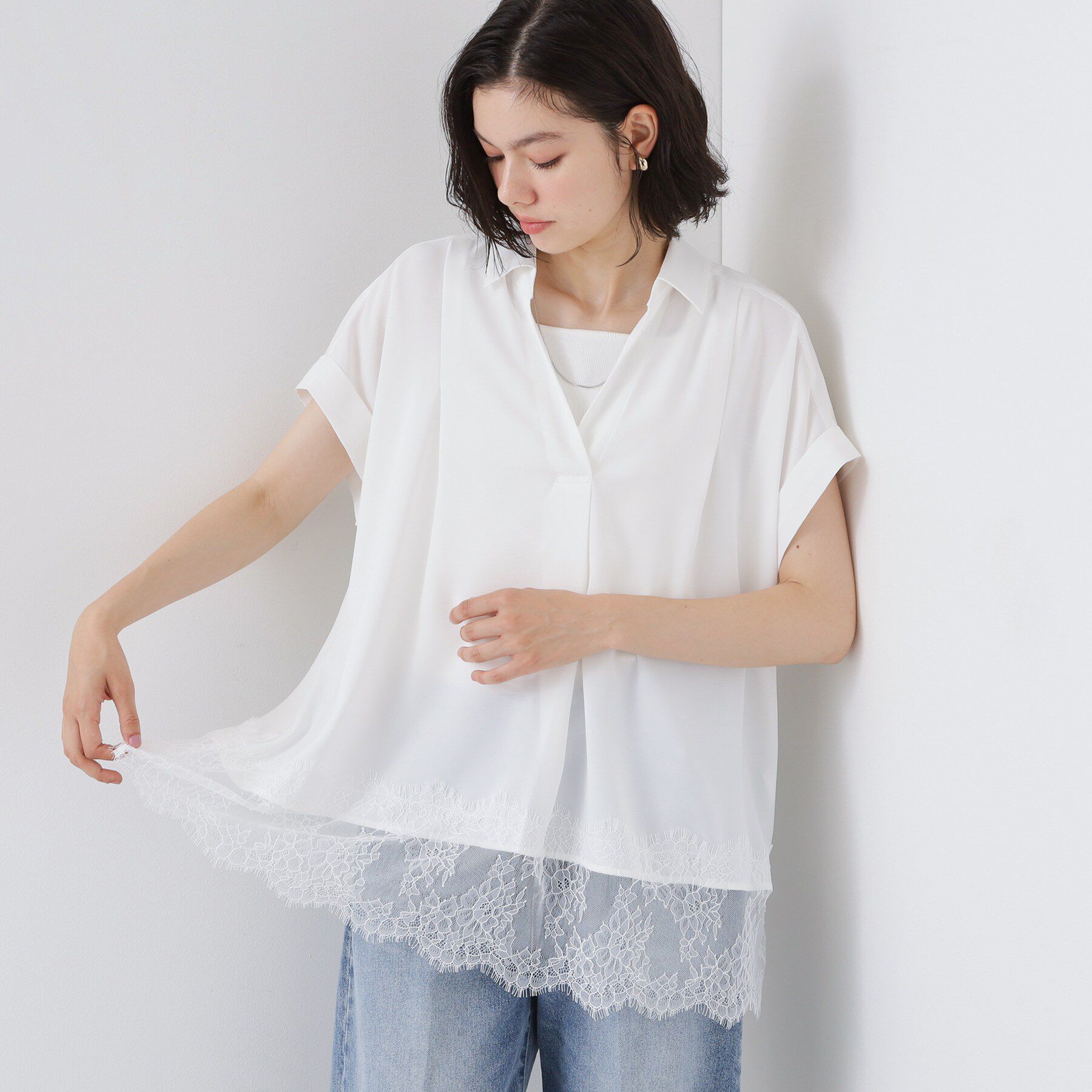 THE SHOP TK「【ひんやり/体型カバー】裾レース切り替え スキッパーシャツ」|シャツ・ブラウス|