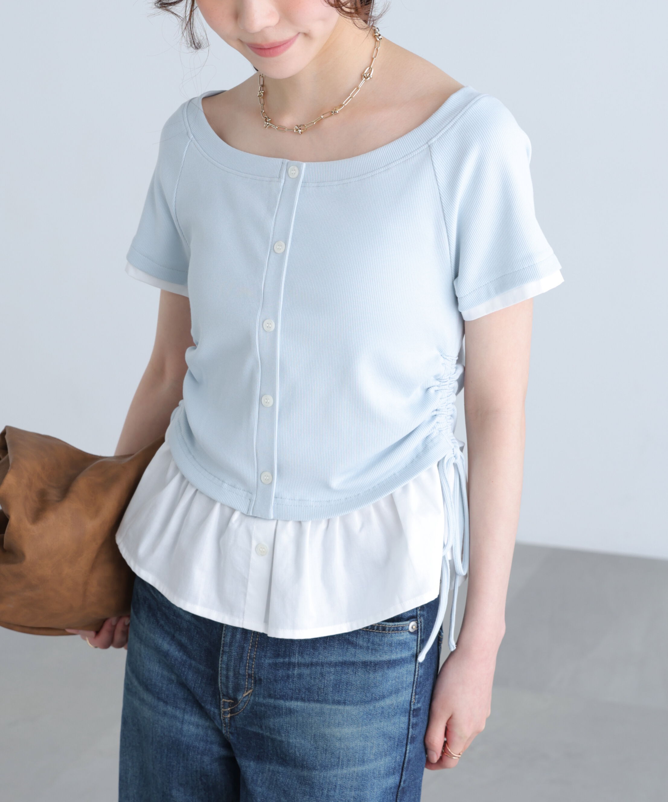  「布帛ドッキングサイドシャーリング半袖カットソー」|Tシャツ・カットソー|サックス