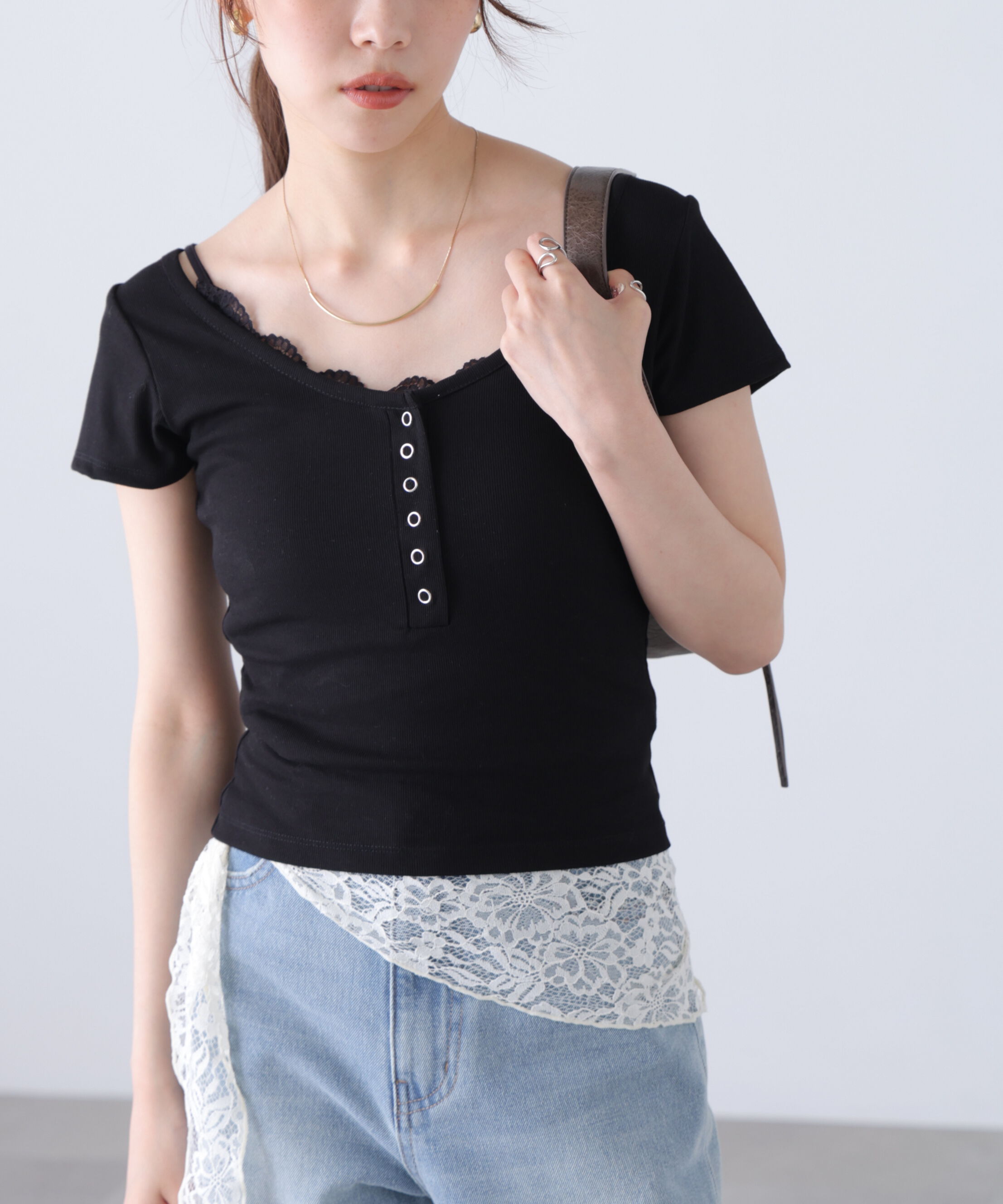  「キャミレイヤード風ヘンリーネックカットソー」|Tシャツ・カットソー|