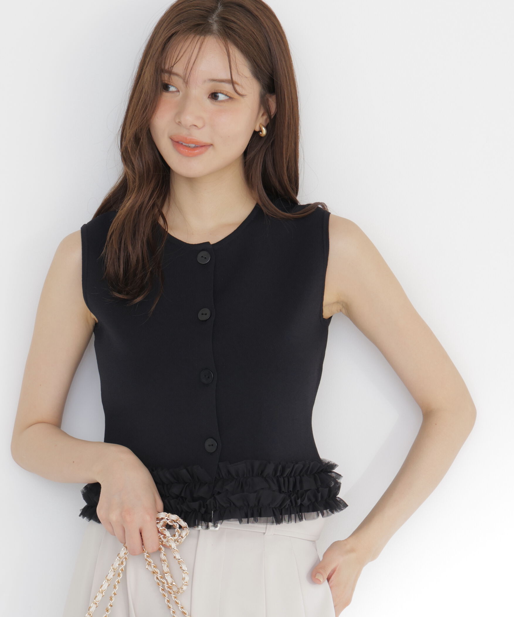 PROPORTION BODY DRESSING「＜a/mie＞ノースリーブフリルヘムニット」|カーディガン|ブラック