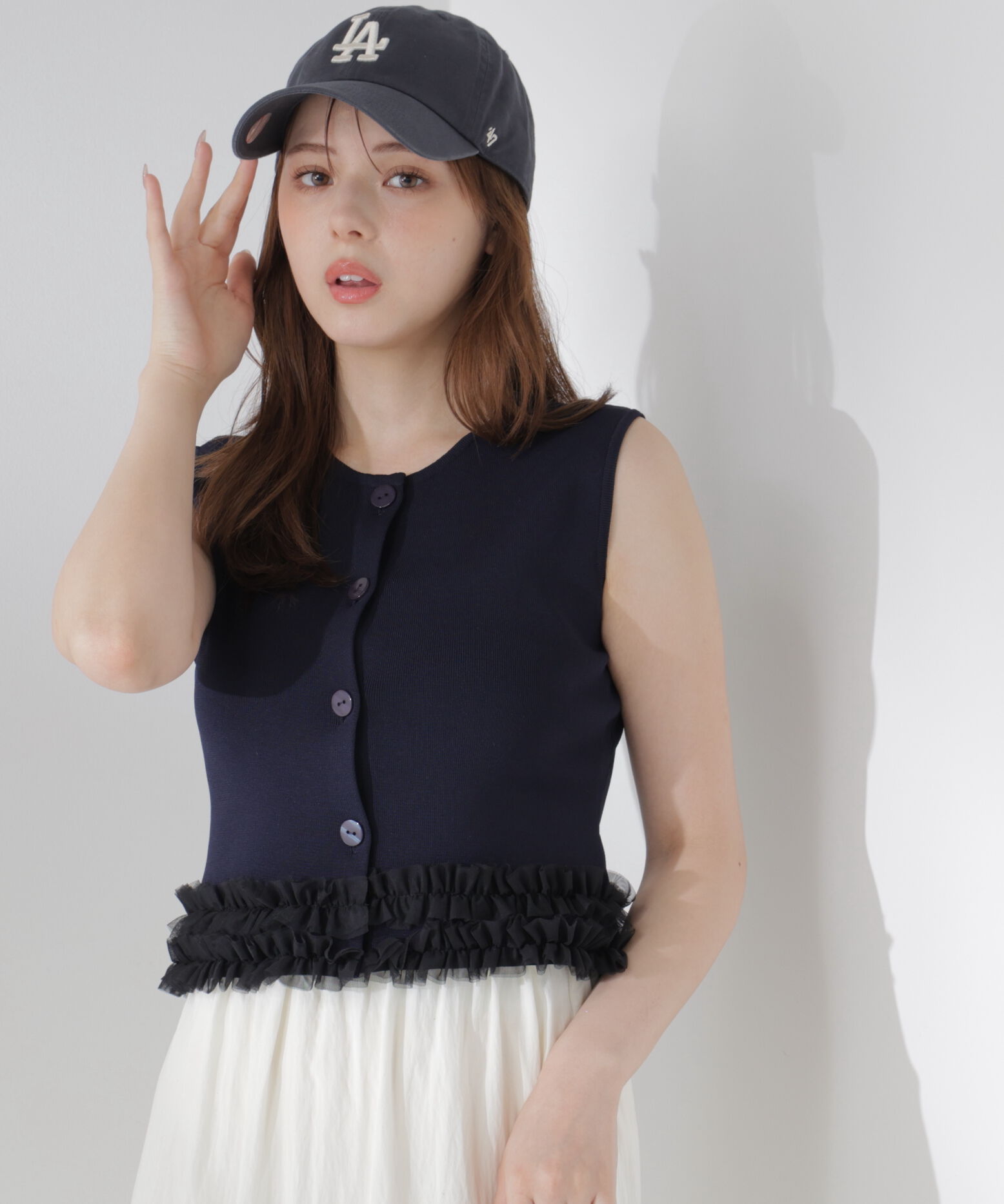 PROPORTION BODY DRESSING「＜a/mie＞ノースリーブフリルヘムニット」|カーディガン|