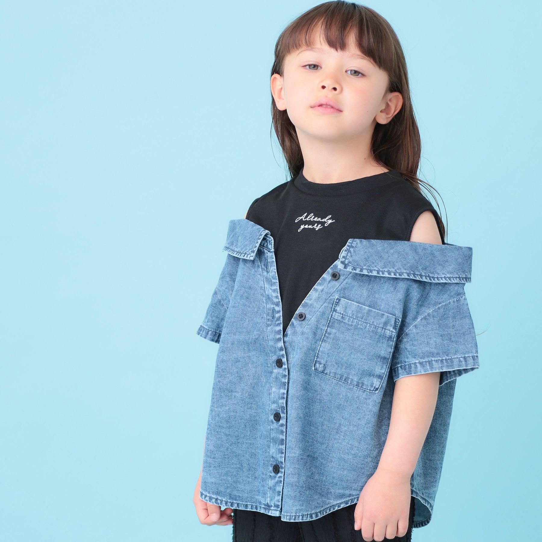 SHOO･LA･RUE「【120-150cm】肩あきデニムドッキングシャツ」|Tシャツ・カットソー|
