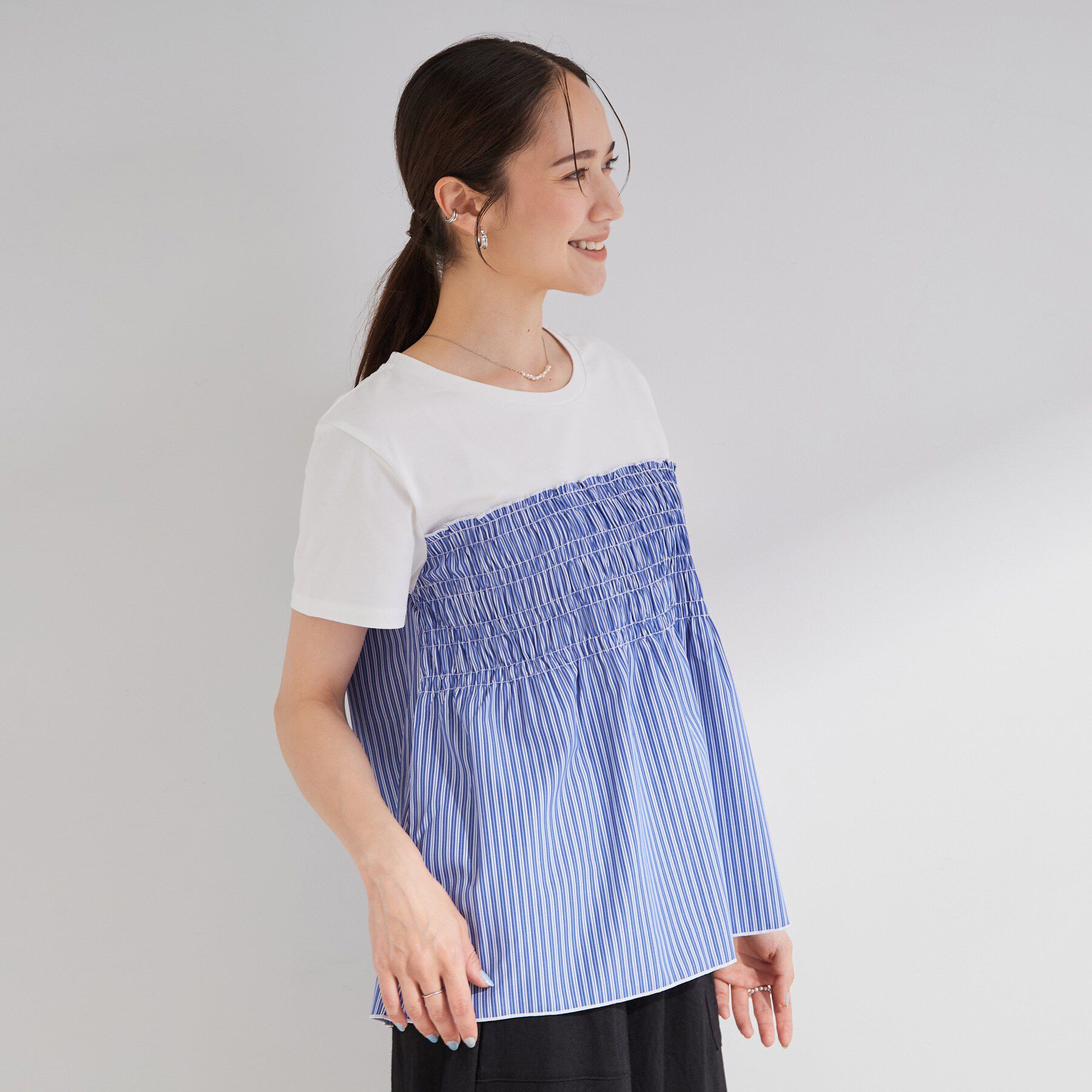 SHOO･LA･RUE「【S-LL/洗濯機可/体型カバー】インせずサマ見え ビスチェ風異素材ドッキングTシャツ」|Tシャツ・カットソー|