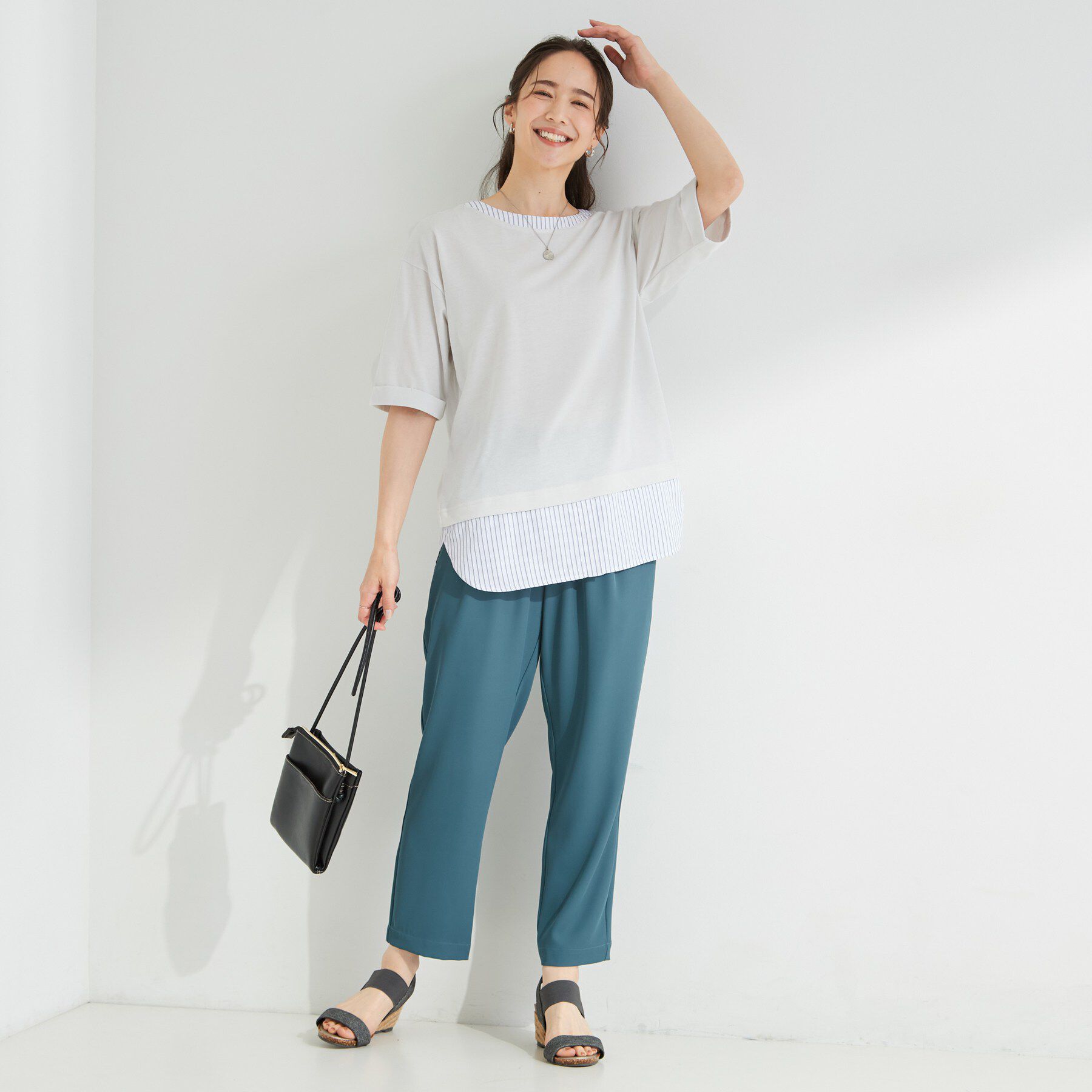 SHOO･LA･RUE「【インせず着られる/二の腕隠れる】重ね着風 シャツドッキングトップス」|Tシャツ・カットソー|