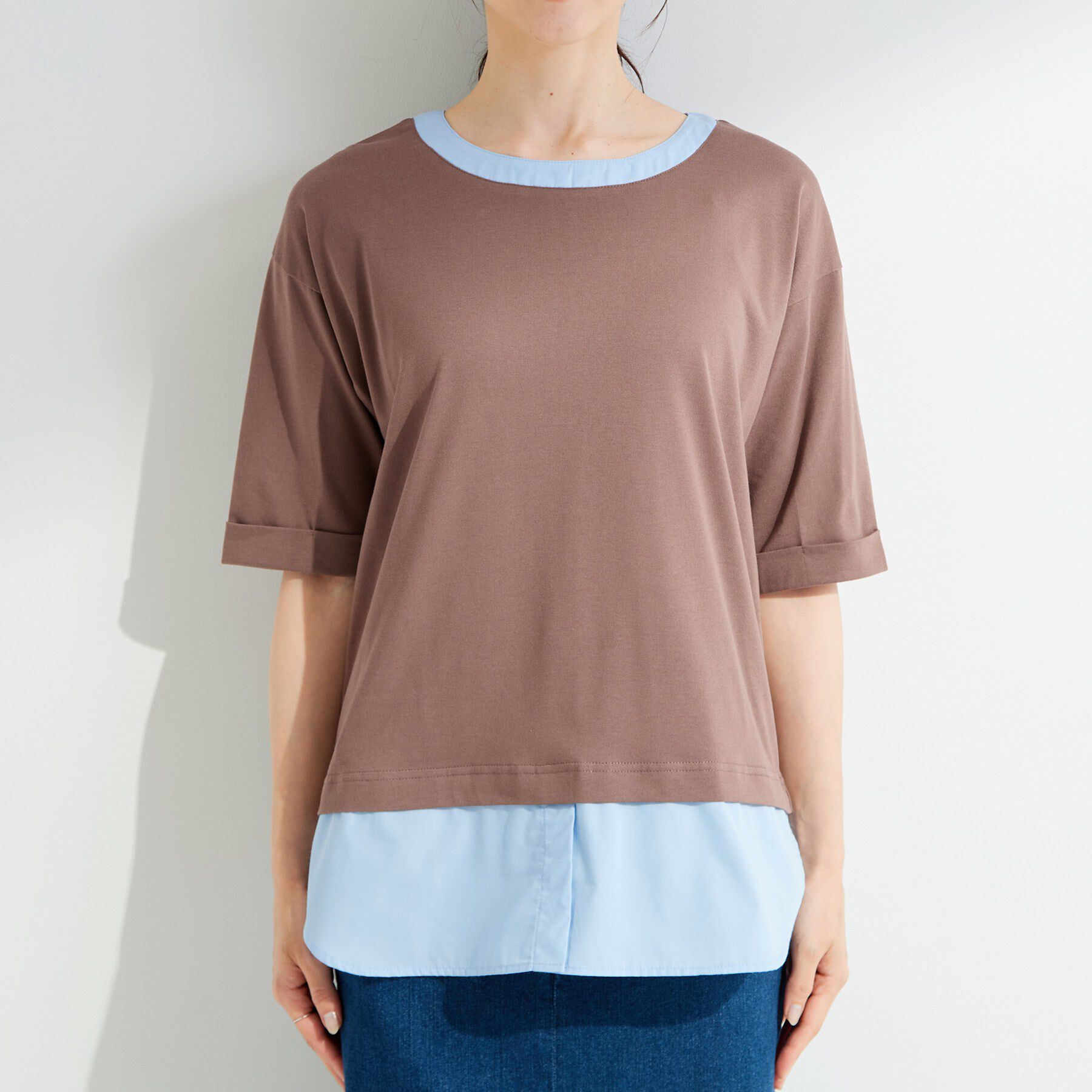 SHOO･LA･RUE「【インせず着られる/二の腕隠れる】重ね着風 シャツドッキングトップス」|Tシャツ・カットソー|