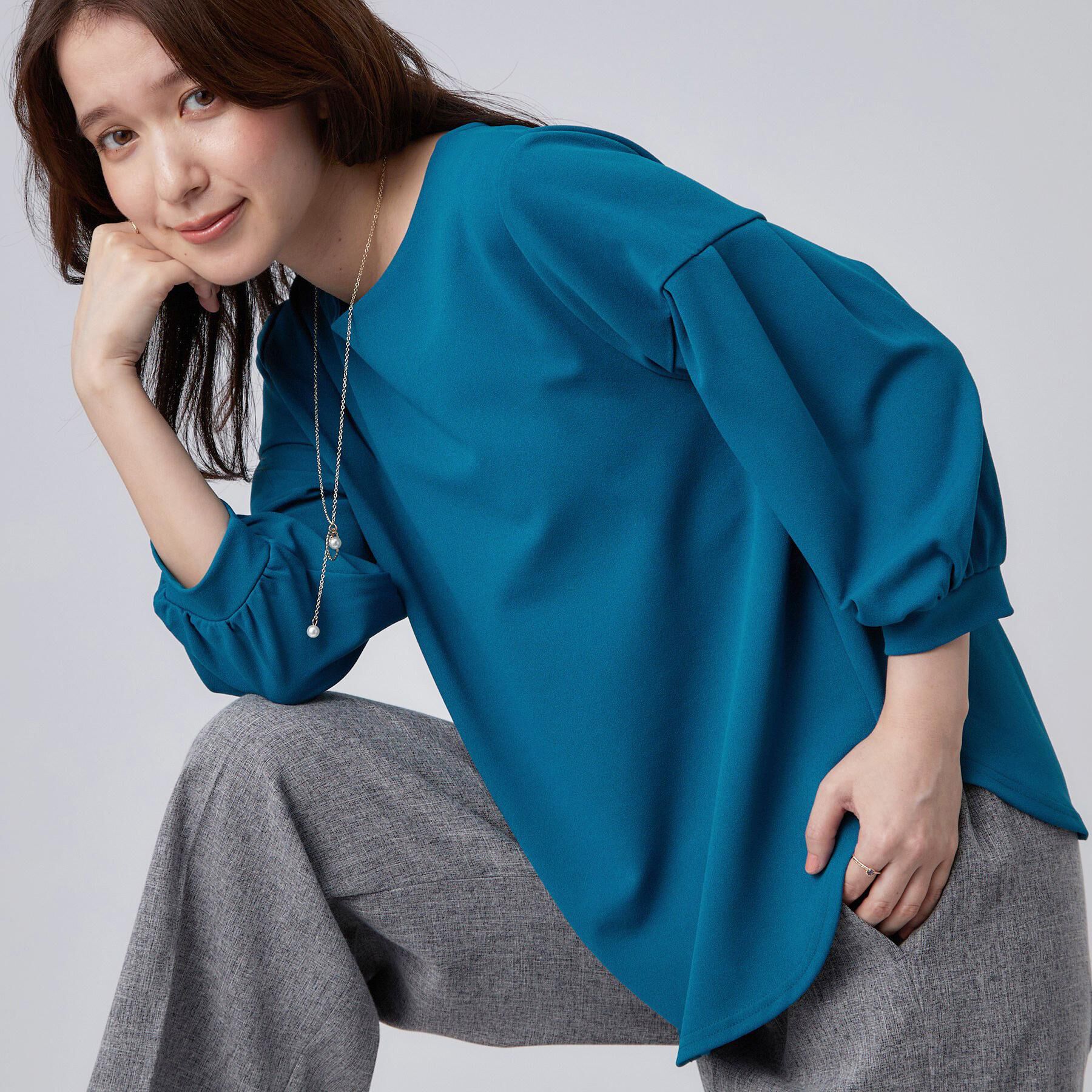 SHOO･LA･RUE「【着丈選べる/2点セット】ネックレス付き やわらか8分袖ブラウス」|Tシャツ・カットソー|ブルーグリーン(09