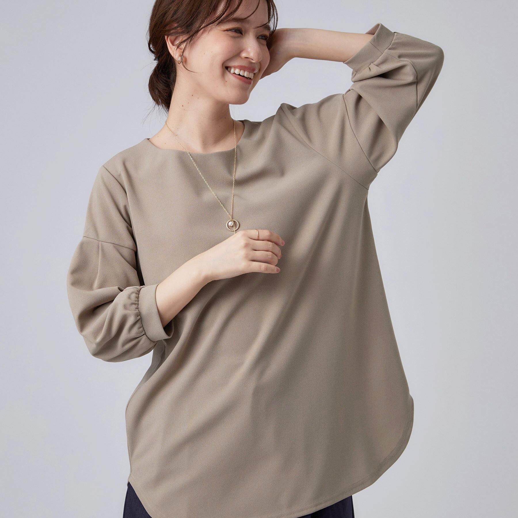 SHOO･LA･RUE「【着丈選べる/2点セット】ネックレス付き やわらか8分袖ブラウス」|Tシャツ・カットソー|モカブラウンロング(