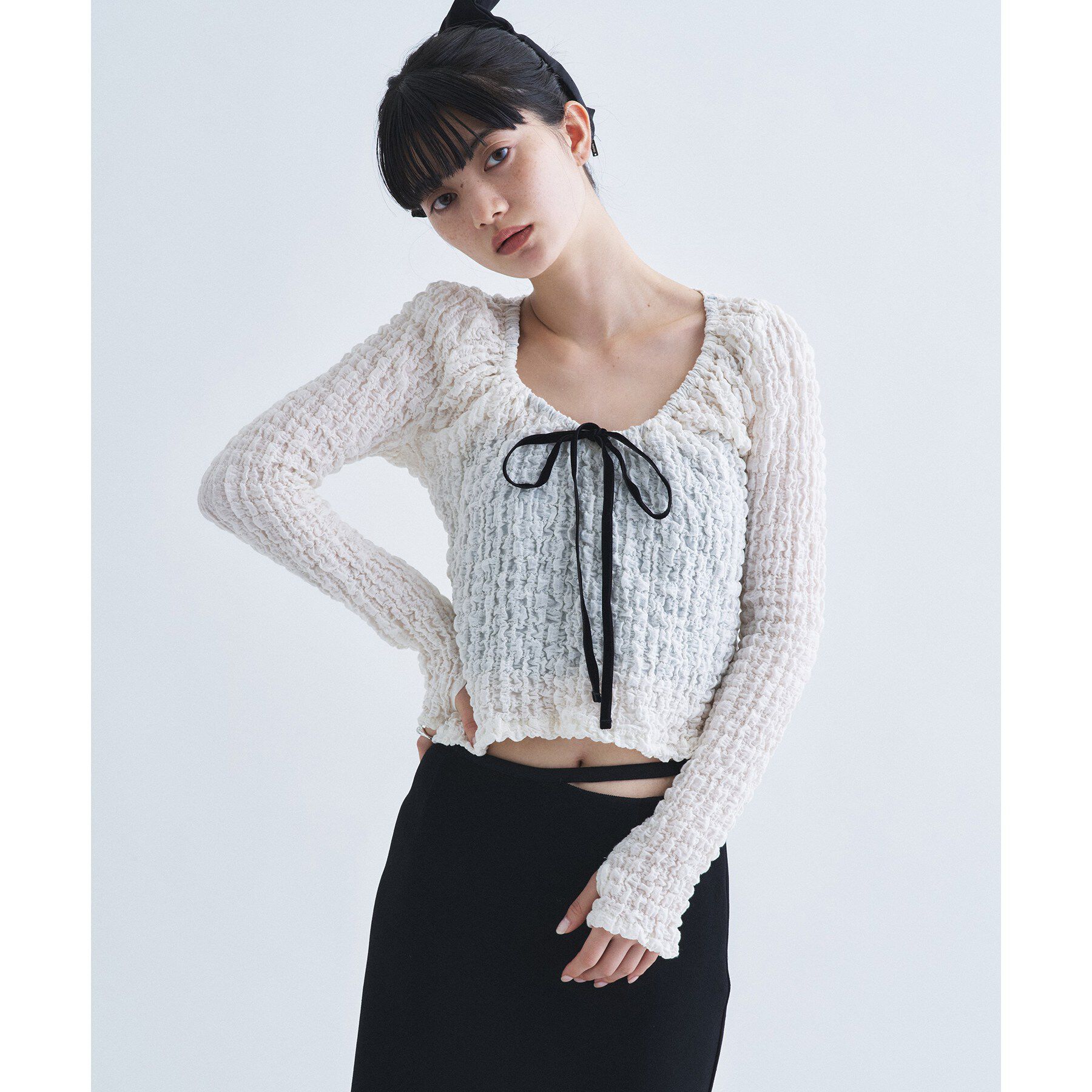 CODE A「crinkle ribbon 2way top」|Tシャツ・カットソー|オフホワイト(003