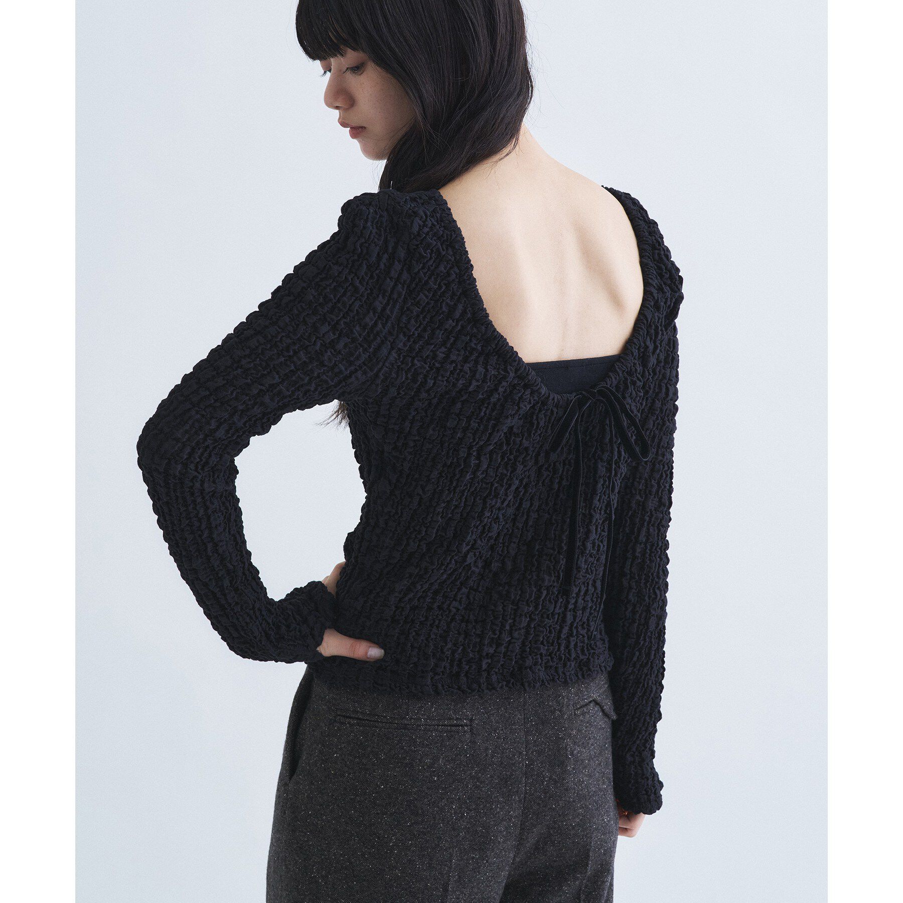 CODE A「crinkle ribbon 2way top」|Tシャツ・カットソー|ブラック(019)