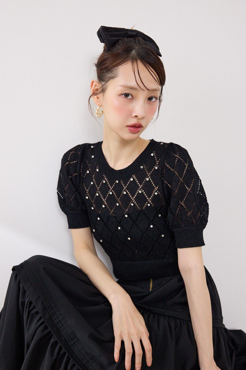 rienda「ビジュー付きバックリボンニットトップス」|ニット・セーター|BLK