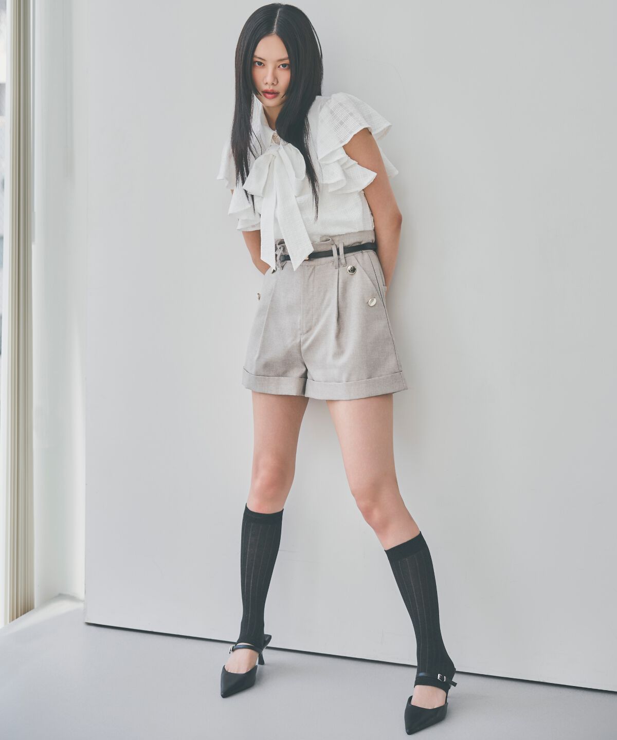 アンドクチュール「ライトタックショートパンツ」|キュロット|ベージュ