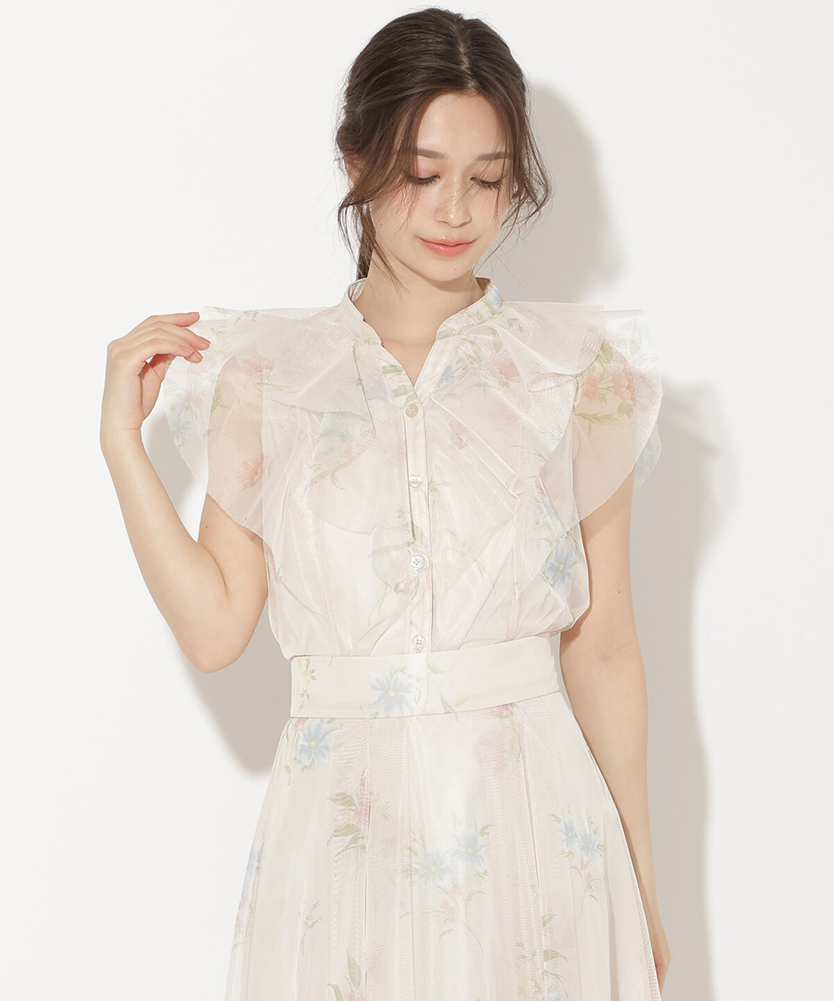 WILLSELECTION「フラワーメッシュラッフルブラウス」|シャツ・ブラウス|赤系花柄