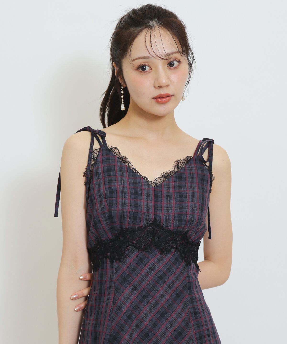 WILLSELECTION「レーストリムチェックキャミワンピース」|ワンピース|