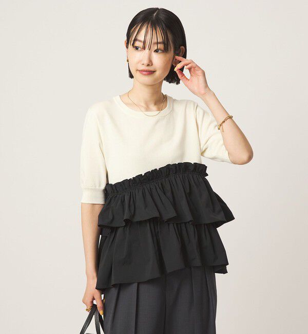 UNITED ARROWS green label relaxing「ティアード ドッキング 5分袖 プルオーバー ニット」|ニット・セーター|