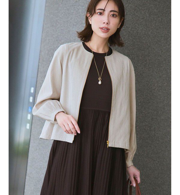 23区「リネンレーヨンストレッチ ノーカラー ブルゾン」|その他|ベージュ系