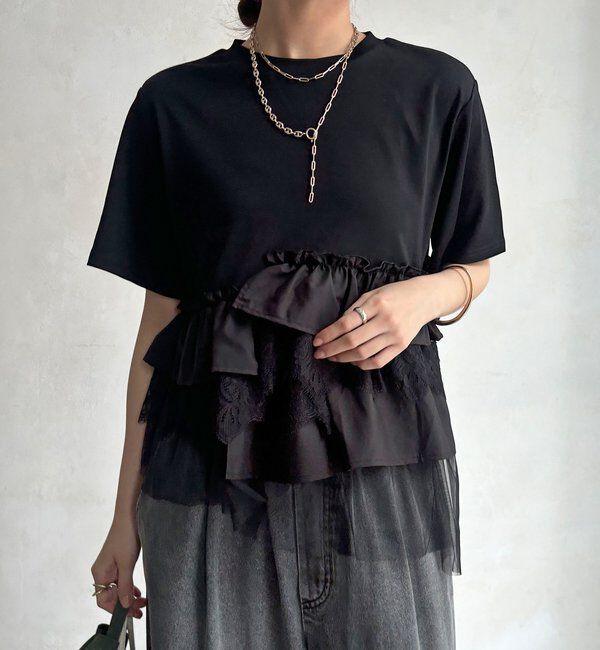  「【WEB限定】異素材切替フリルTEE」|Tシャツ・カットソー|ブラック