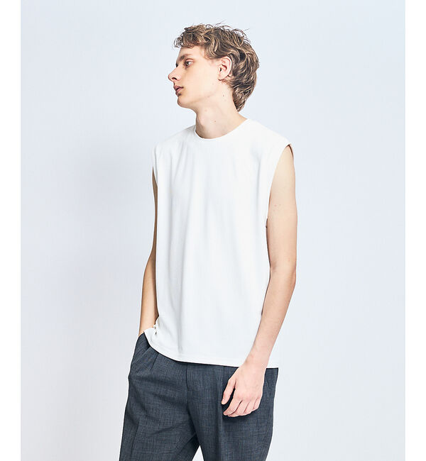 ABAHOUSE「【ストレッチテレコ】ノースリーブ クルーネック Tシャツ / タンクトップ」|キャミソール|ホワイト