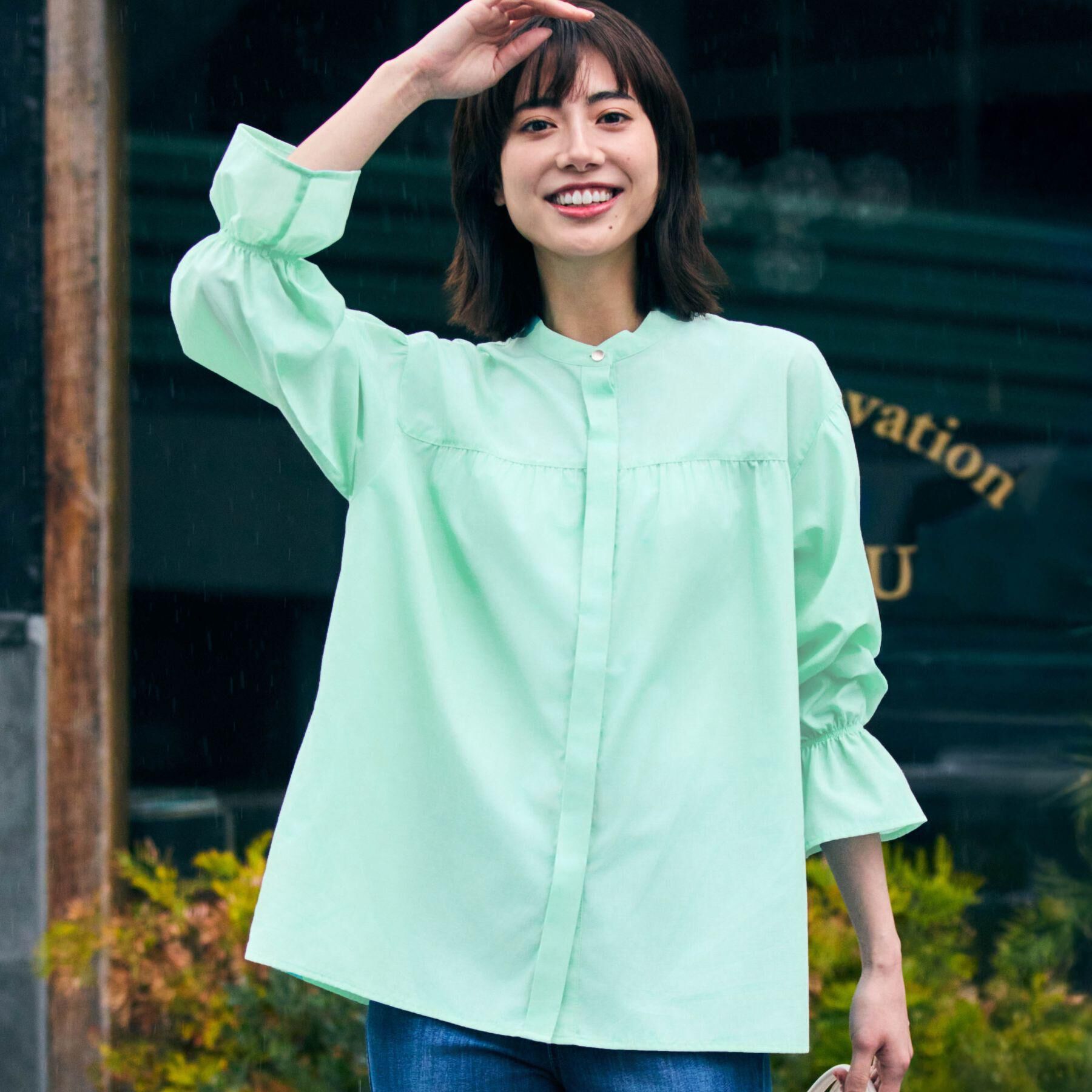 grove「【貴島明日香さん着用／イージーケア／接触冷感】麻混スタンドギャザーシャツ」|シャツ・ブラウス|ミントグリーン(02