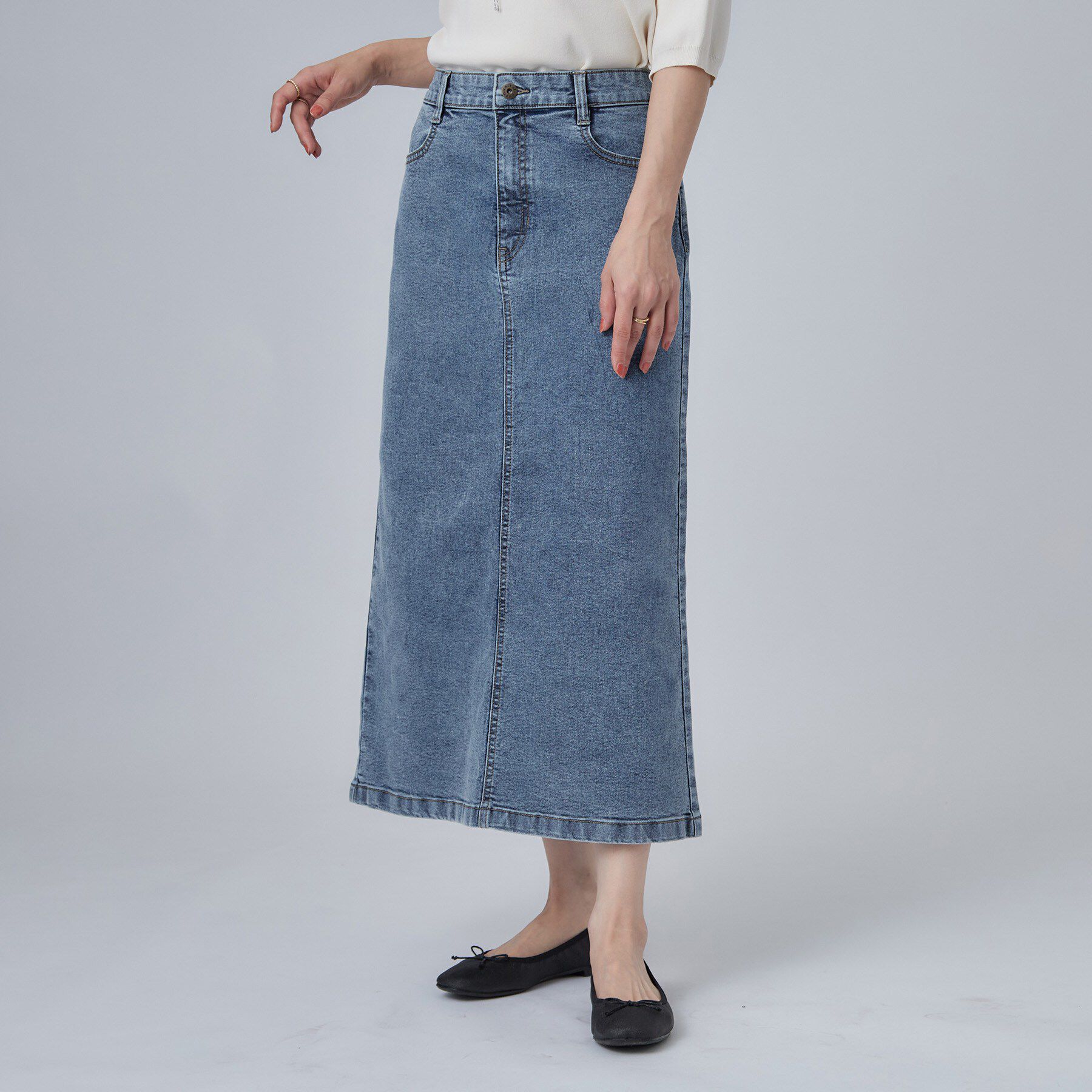 SHOO･LA･RUE「【洗濯機可/S-LL】程よいシルエットで使いやすい ストレッチデニムスカート」|スカート|