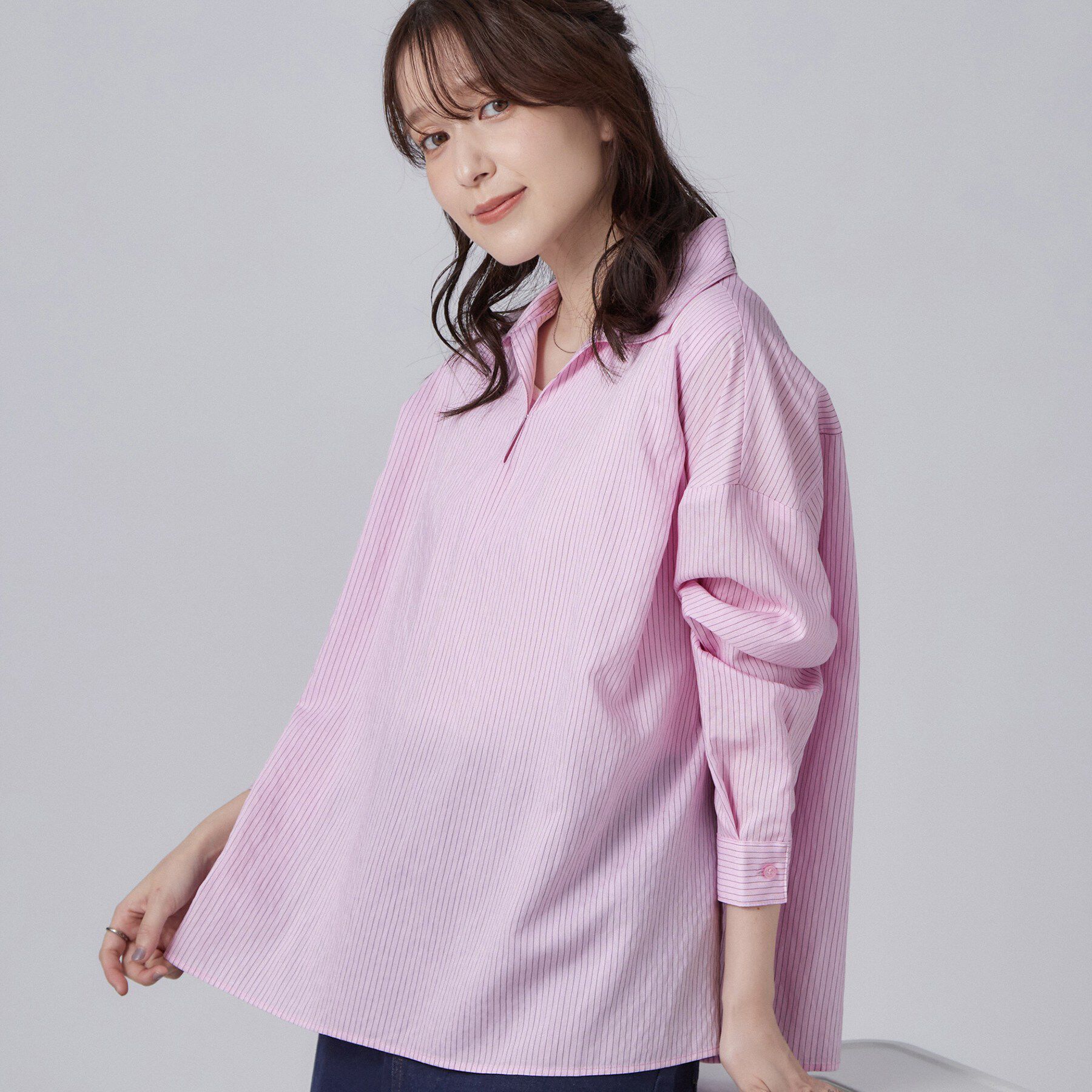 SHOO･LA･RUE「【洗濯機可】インせず決まるAライン ストライプスキッパーシャツ」|シャツ・ブラウス|ピンク(372)