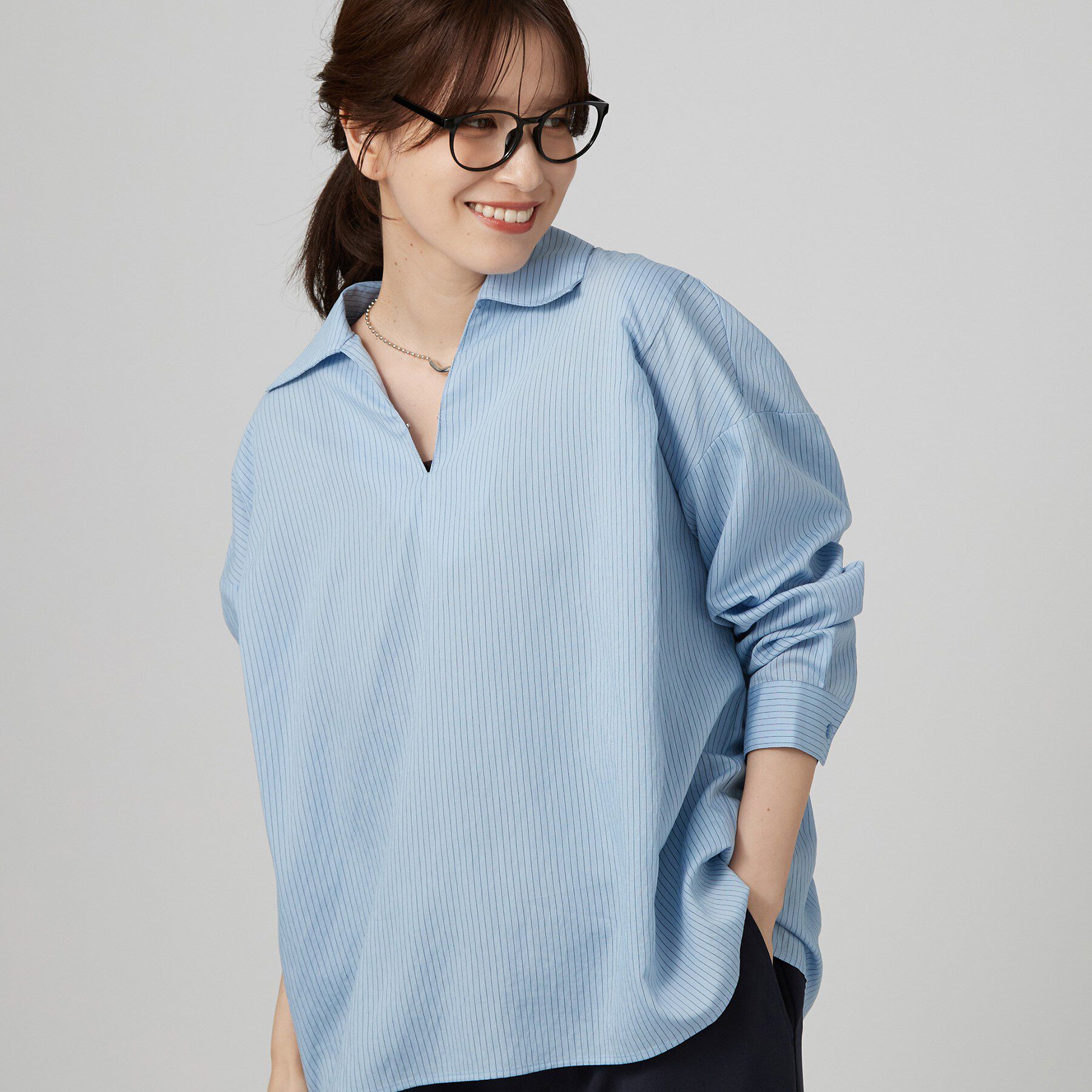 SHOO･LA･RUE「【洗濯機可】インせず決まるAライン ストライプスキッパーシャツ」|シャツ・ブラウス|ブルー(391)