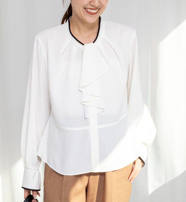 NOLLEY'S「《セットアップ対応》ウォッシャブルストレッチジョーゼットボウタイ風ペプラムブラウス」|シャツ・ブラウス|