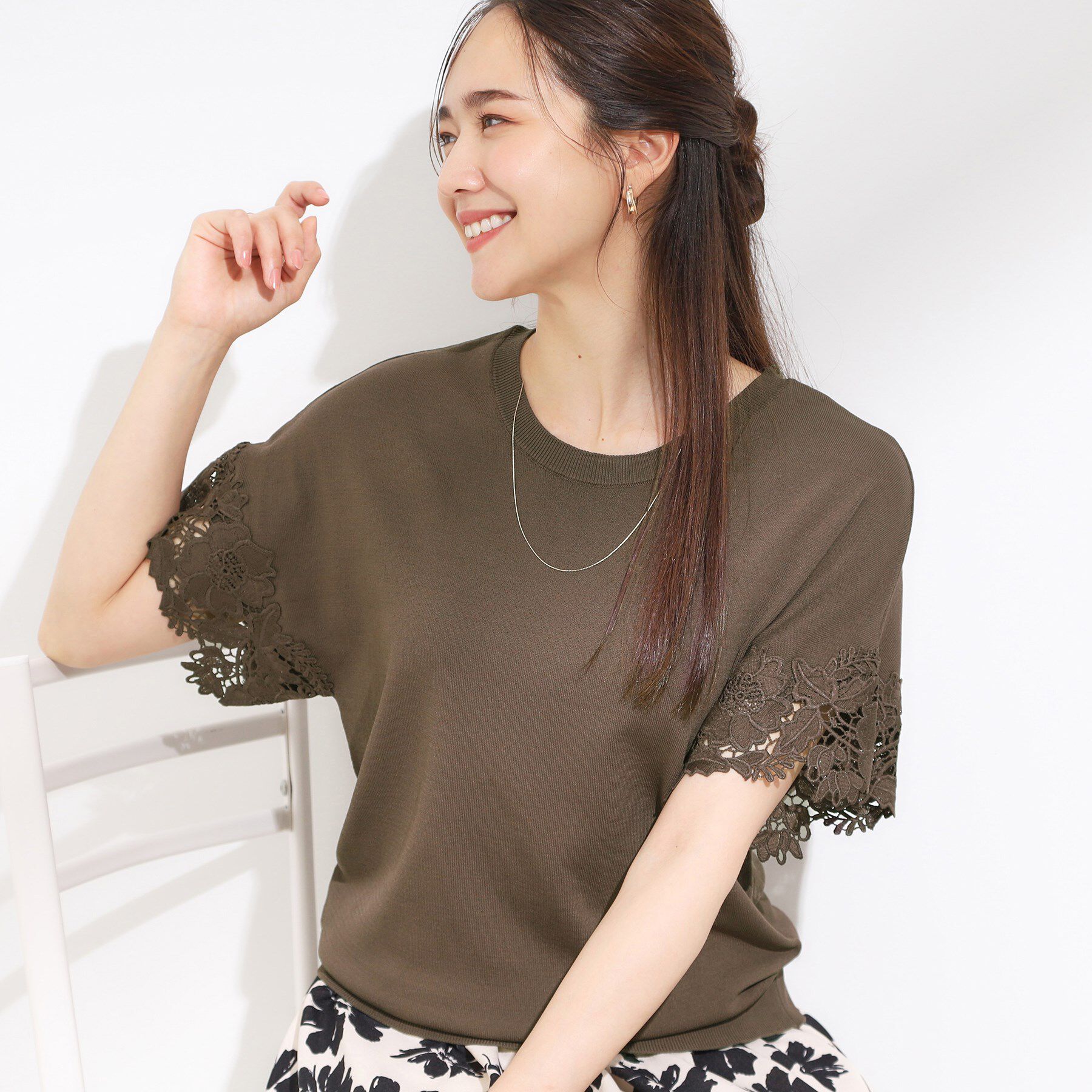 SHOO･LA･RUE「【S-LL/ひんやり/UV/】大人上品な お袖レースニット」|ニット・セーター|モカブラウン(042
