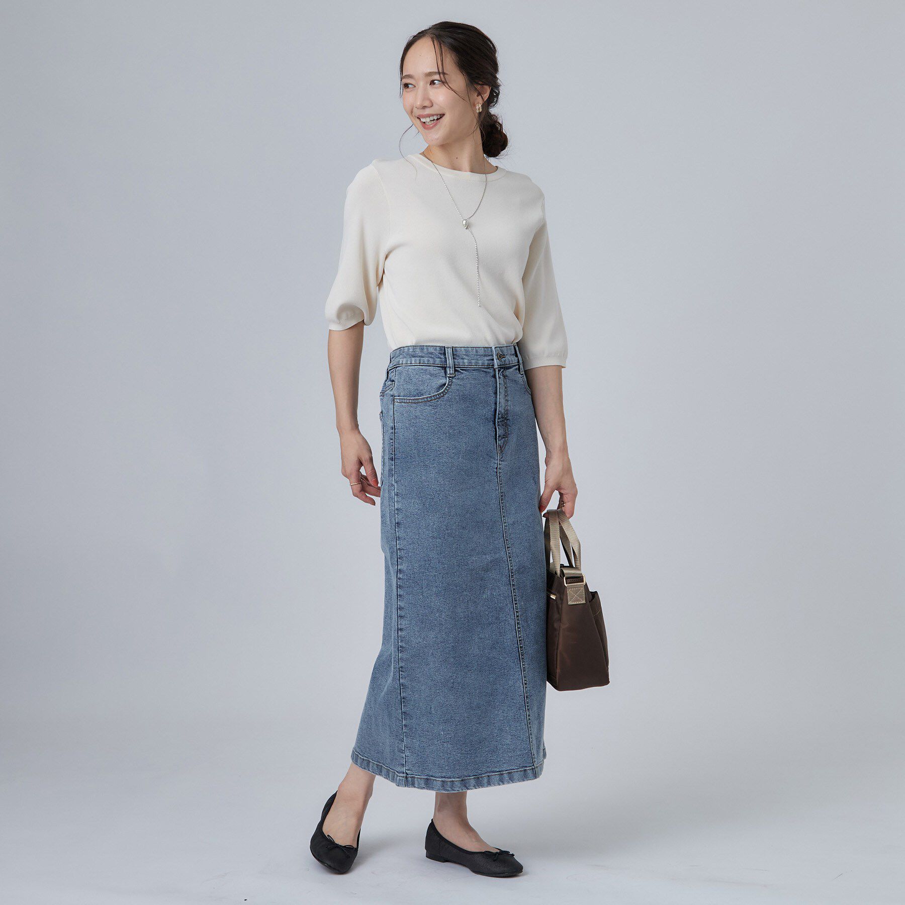 SHOO･LA･RUE「【洗濯機可/S-LL】程よいシルエットで使いやすい ストレッチデニムスカート」|スカート|