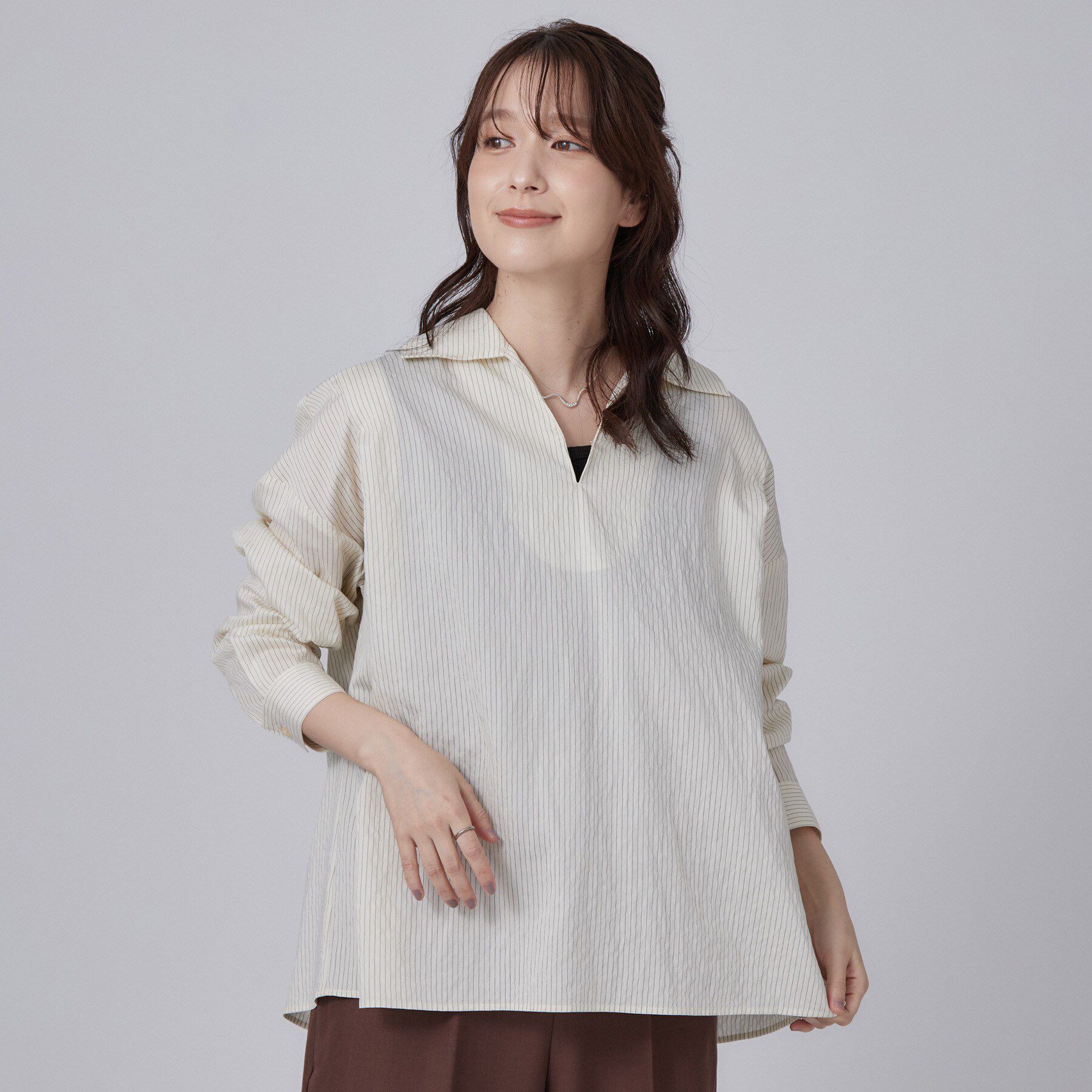 SHOO･LA･RUE「【洗濯機可】インせず決まるAライン ストライプスキッパーシャツ」|シャツ・ブラウス|