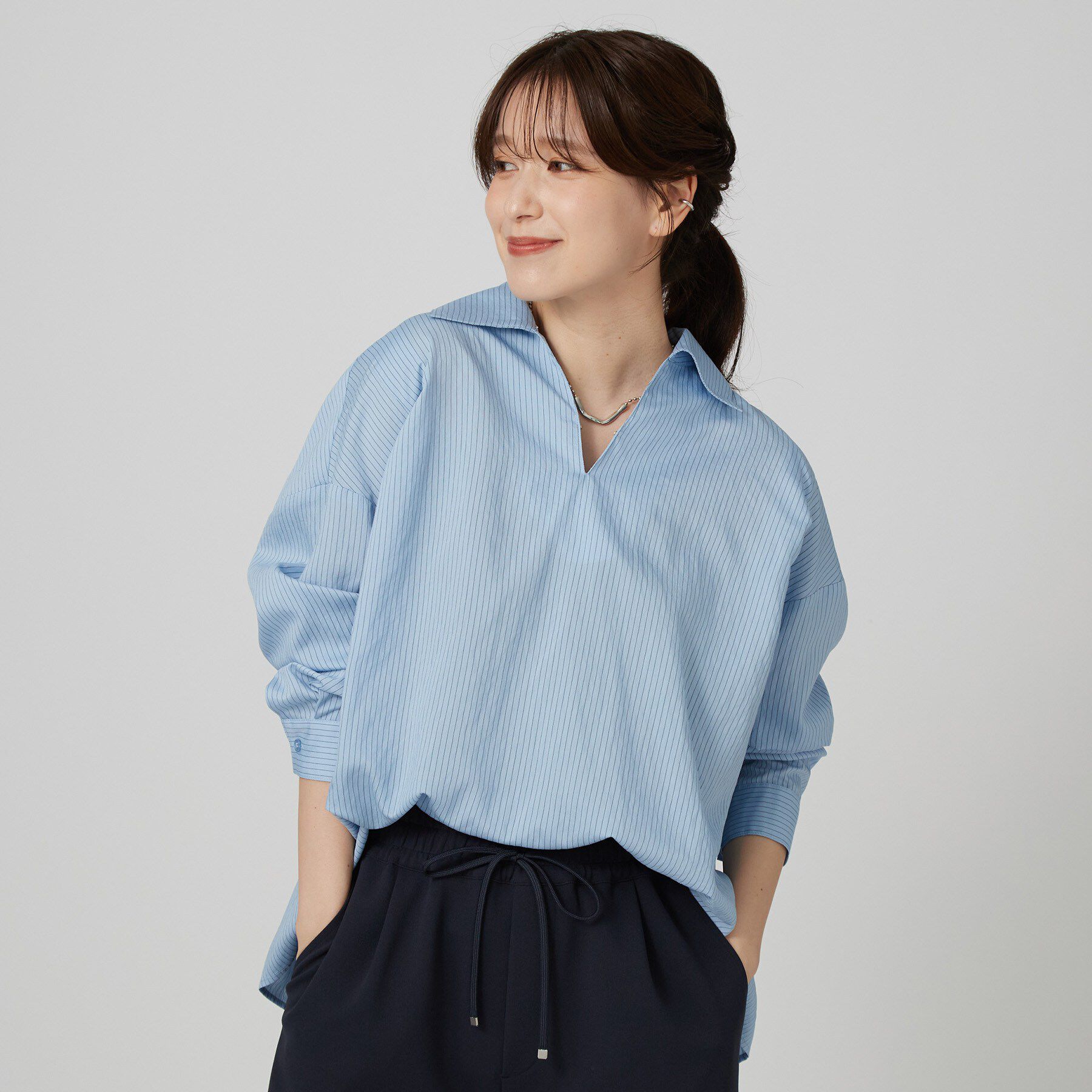 SHOO･LA･RUE「【洗濯機可】インせず決まるAライン ストライプスキッパーシャツ」|シャツ・ブラウス|