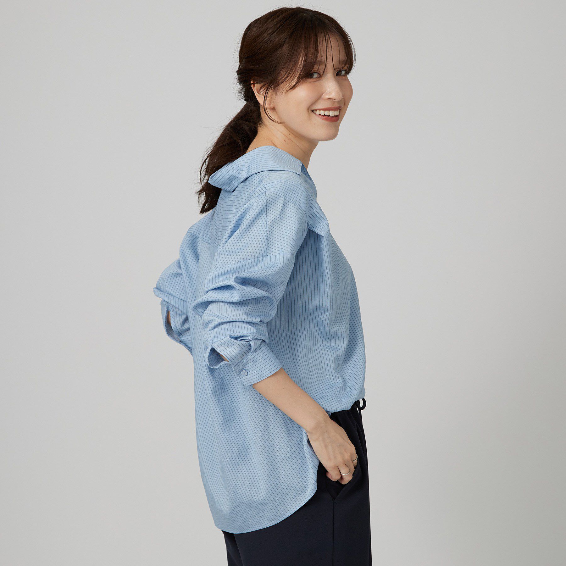 SHOO･LA･RUE「【洗濯機可】インせず決まるAライン ストライプスキッパーシャツ」|シャツ・ブラウス|